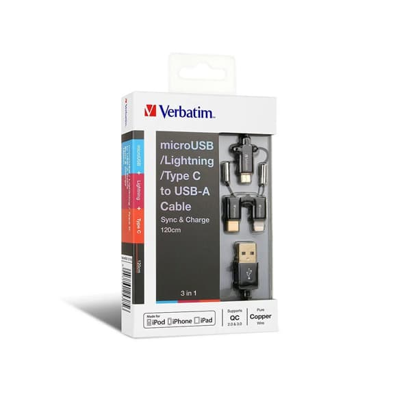 SmarTone Online Store Verbatim 3合1 MicroUSB, Lightning及Type C 至 USB-A 充電傳輸線 1.2米 (65385)